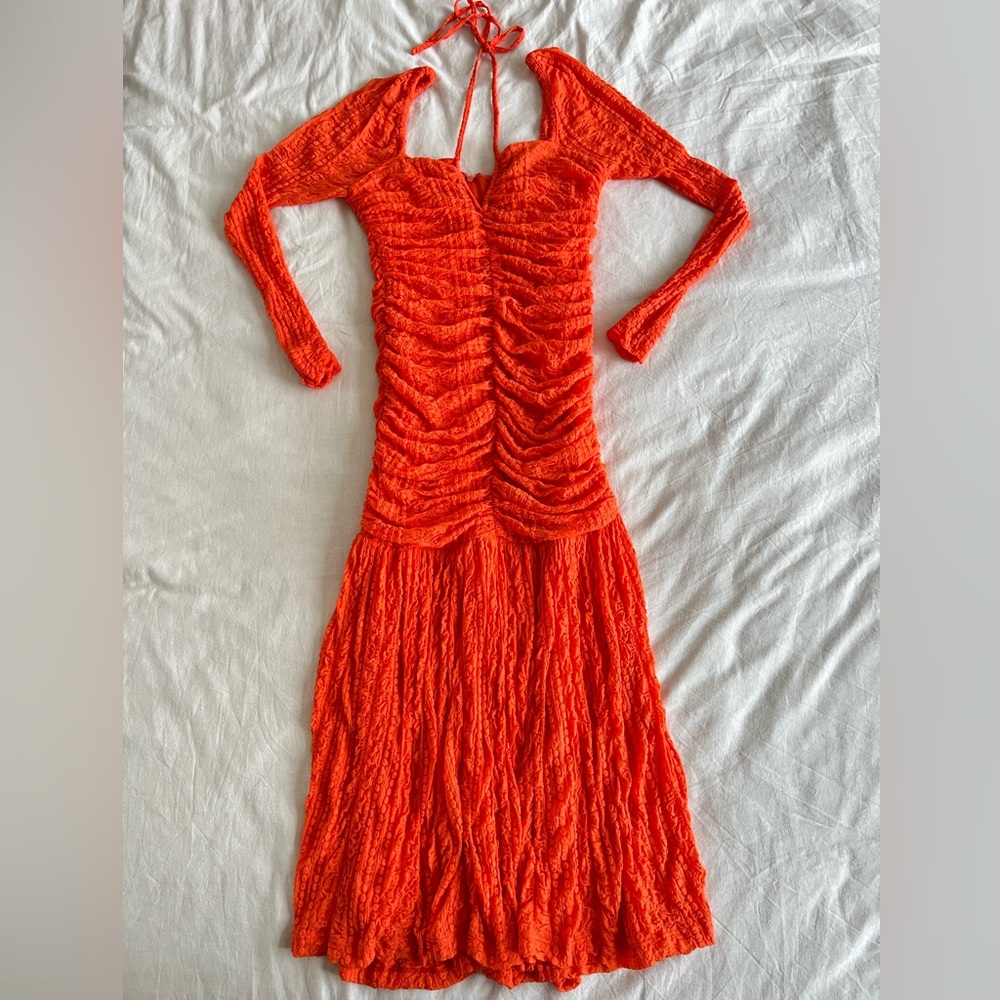 Ganni Gathered Lace Midi Dress in vibrant orange, size 6/8